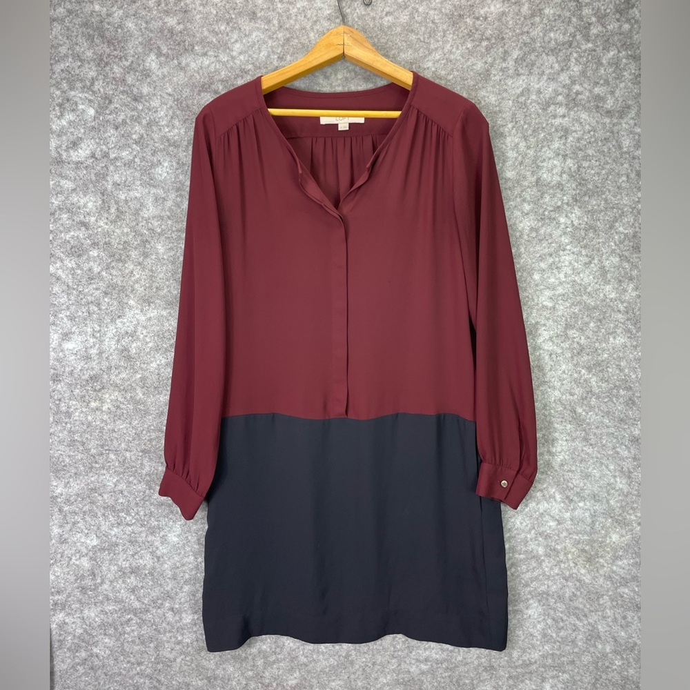 LOFT Dress Womens Small Burgundy Black Colorblock Long Sleeve Tunic Shift Mini